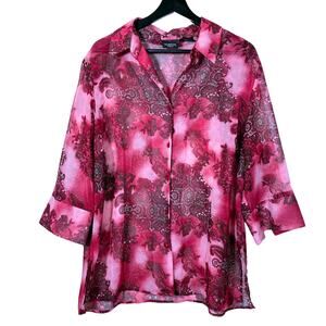 Sheer Top Paisley Red Pink 3/4 Sleeve Button Collar 14 16 W George Retro